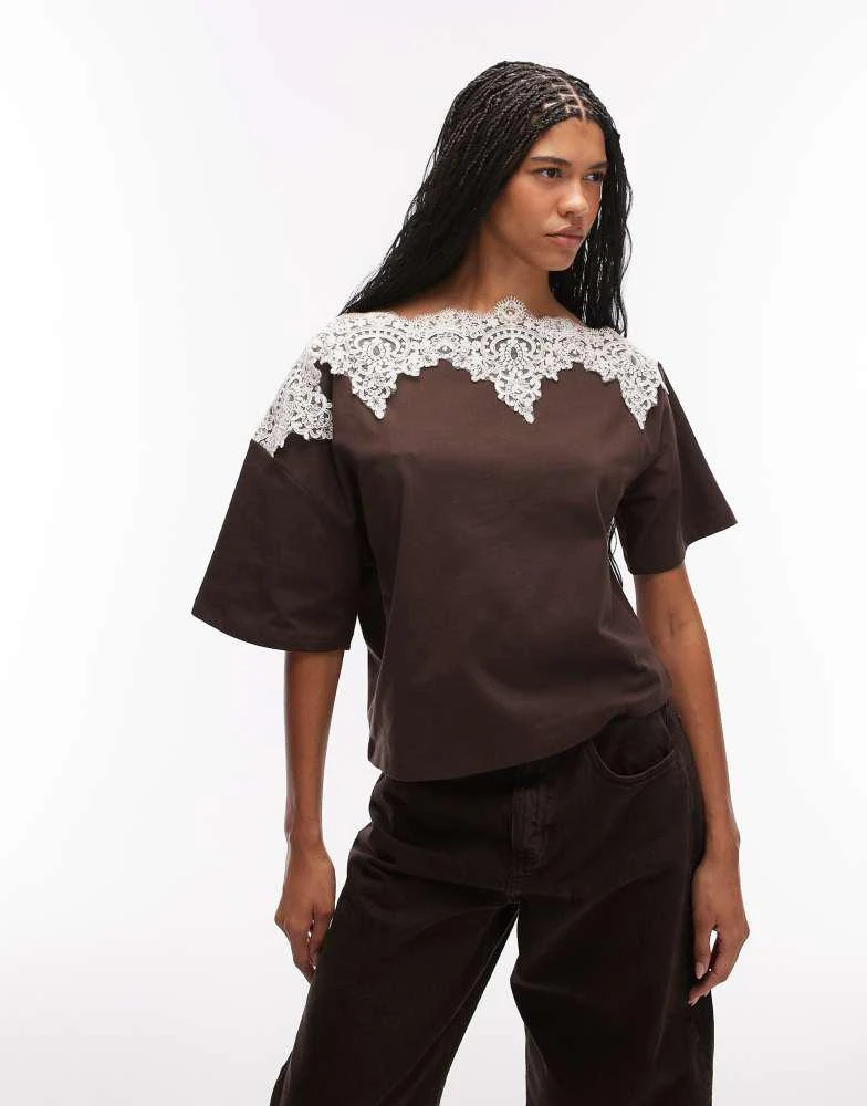 ASOS ASOS DESIGN short sleeve lace trim top in chocolate