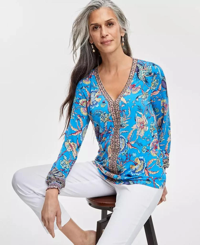 JM Collection Women's Printed Split-Neck Long-Sleeve Top, Created for Macy's 1