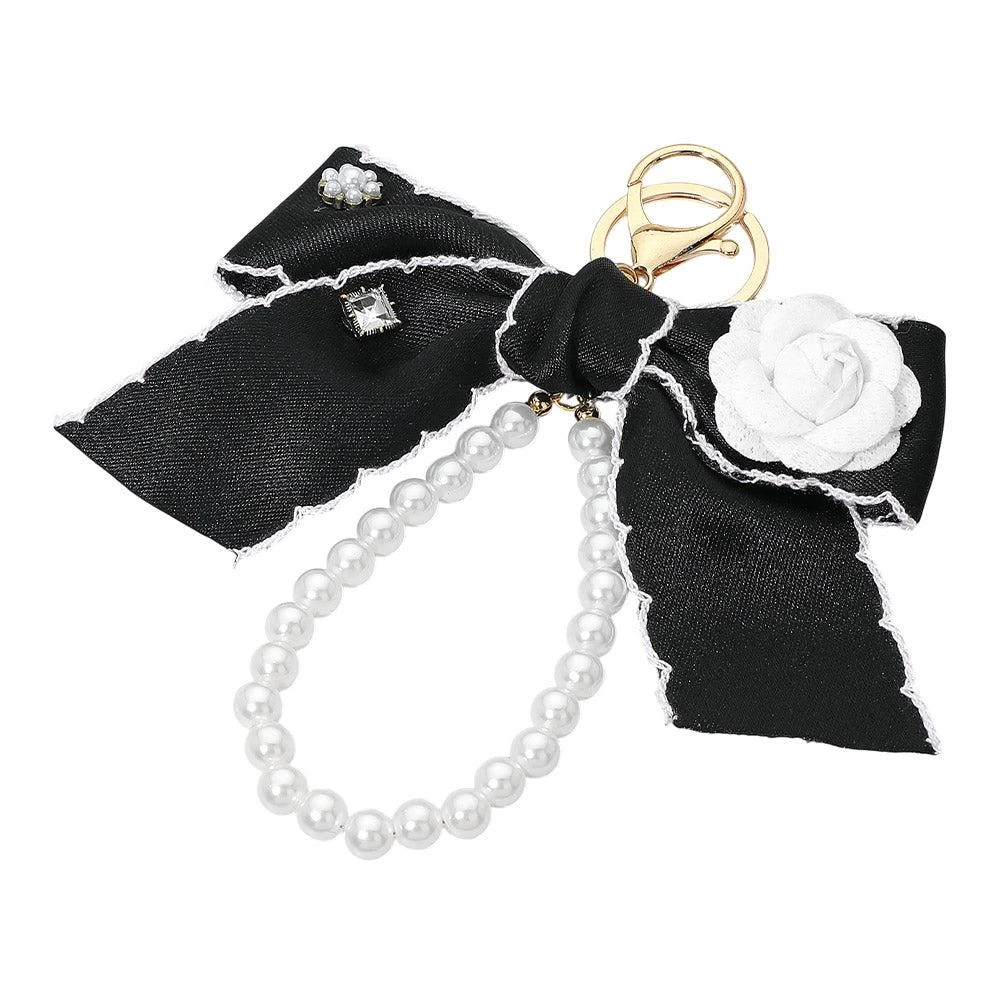 FASHNZFAB Flower Rhinestone Accent Pearl Loop Bow Keychain Bag Charm 3