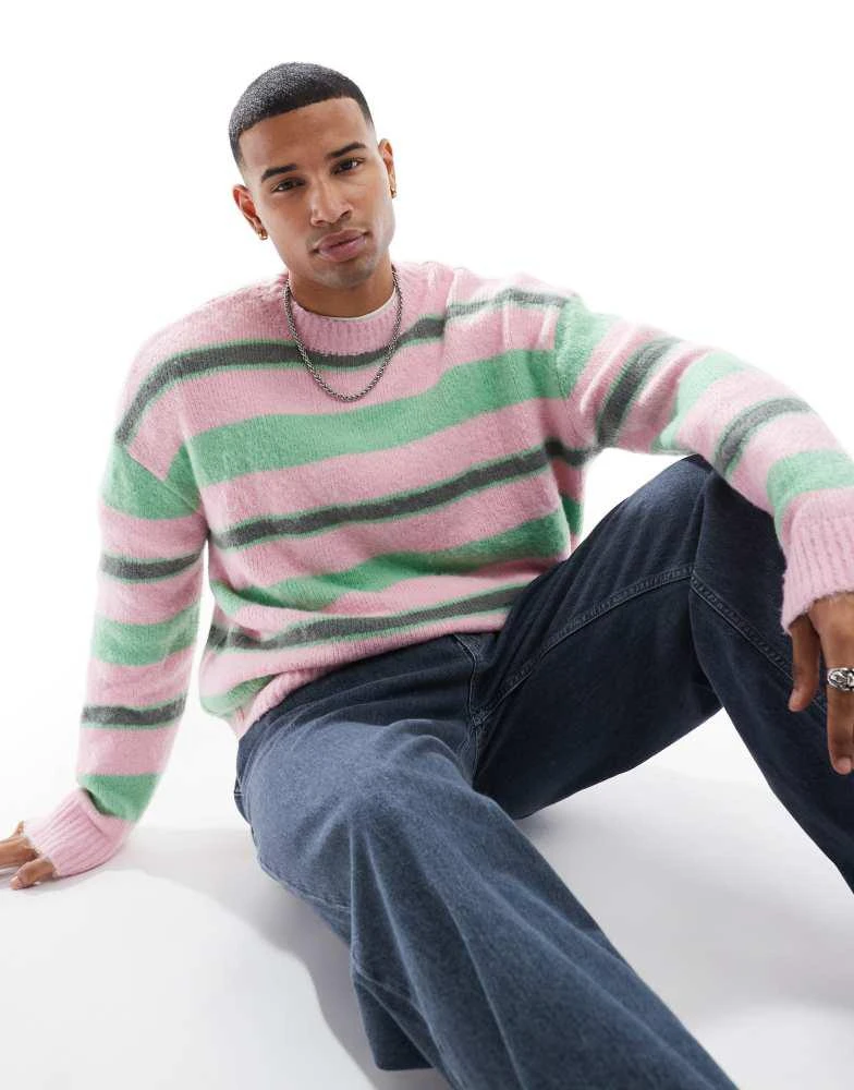 Pull&Bear Pull&Bear fluffy knitted stripe jumper in pink 1