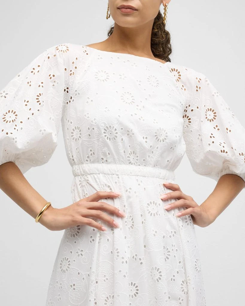 Carolina Herrera Shirred Puff-Sleeve Broderie Anglaise Midi Dress 5