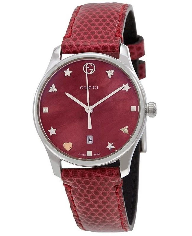 Shop Gucci G-Timeless Red Mother of Pearl Dial Leather Strap