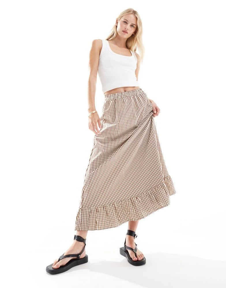ONLY ONLY Tall gingham maxi skirt in brown 2