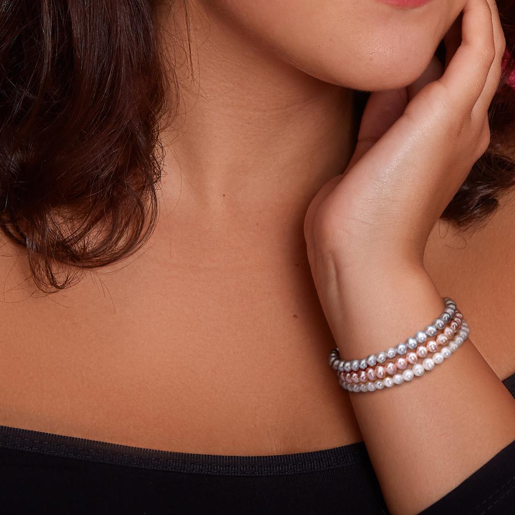 Mimi & Max 5-5.5mm White Pink and Grey Cultured Freshwater Pearl Three Bracelet Set with Ribbon