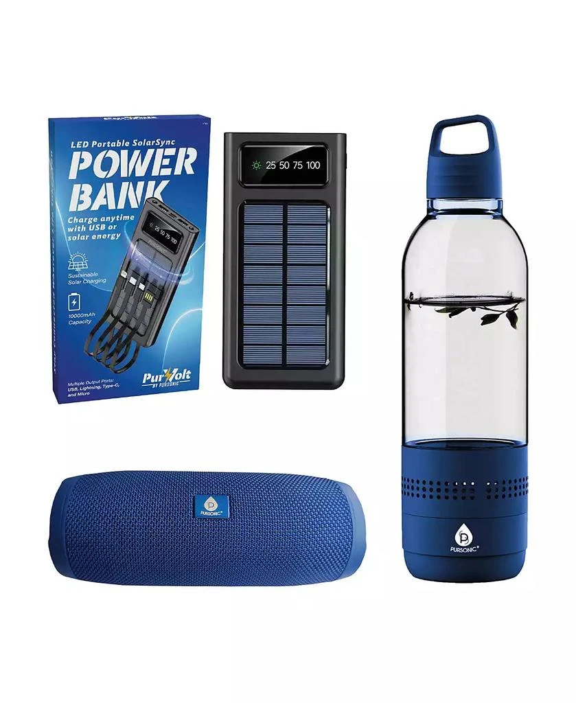 PURSONIC Outdoor Essentials Bundle – 2-in-1 Bluetooth Water Bottle, Peak Wireless Speaker, and LED Portable Solarsync Power Bank