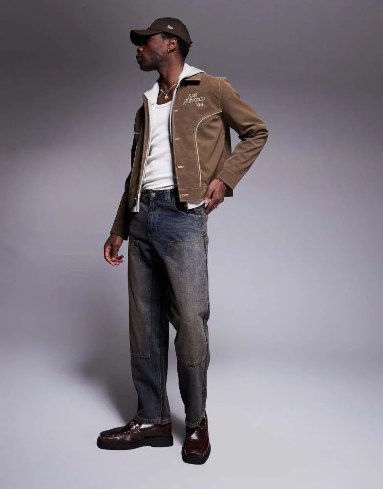 ASOS ASOS DESIGN regular harrington faux suede embroidered jacket in brown 3
