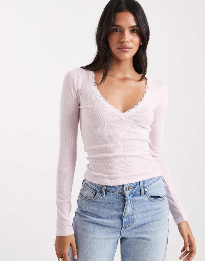 Hollister long sleeve lace trim top in pink – On Sale Now with Up