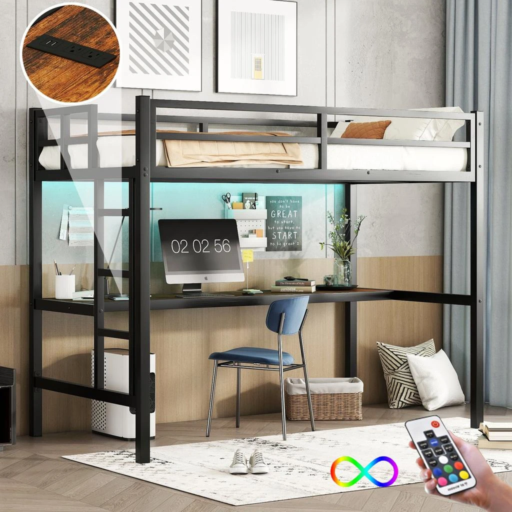 Streamdale Furniture Streamdale Twin XL Loft Bed with Power, LED Lights, and Noise Reduction