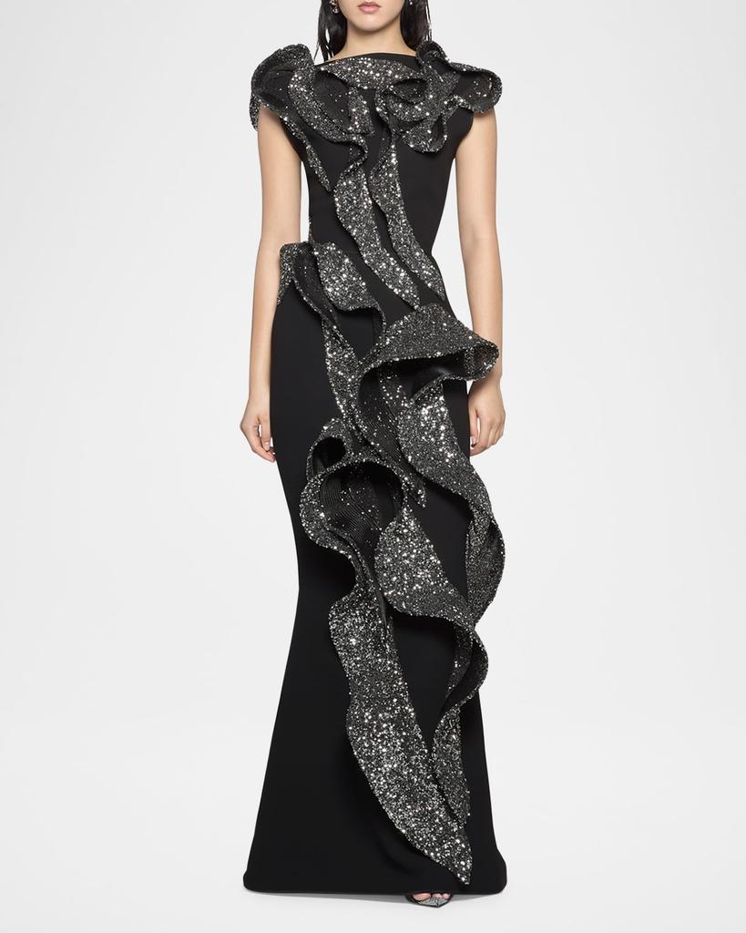 Maticevski Tantalise Wave Sequined-Ruffle Mermaid Gown