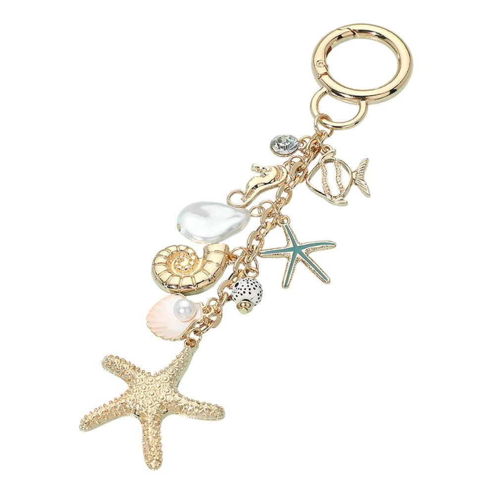 FASHNZFAB Pearl Shell Starfish Sea Life Charm Embellished Keychain Bag Charm 2