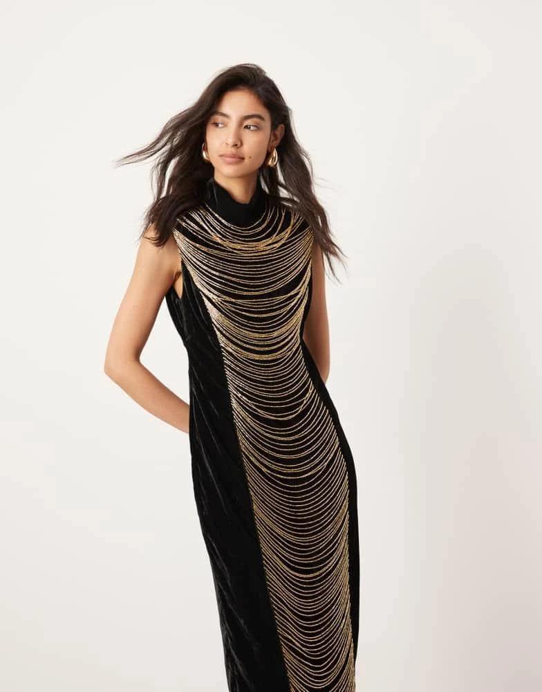 ASOS ASOS EDITION velvet embellished contour draped fringe high neck midi dress in black 1