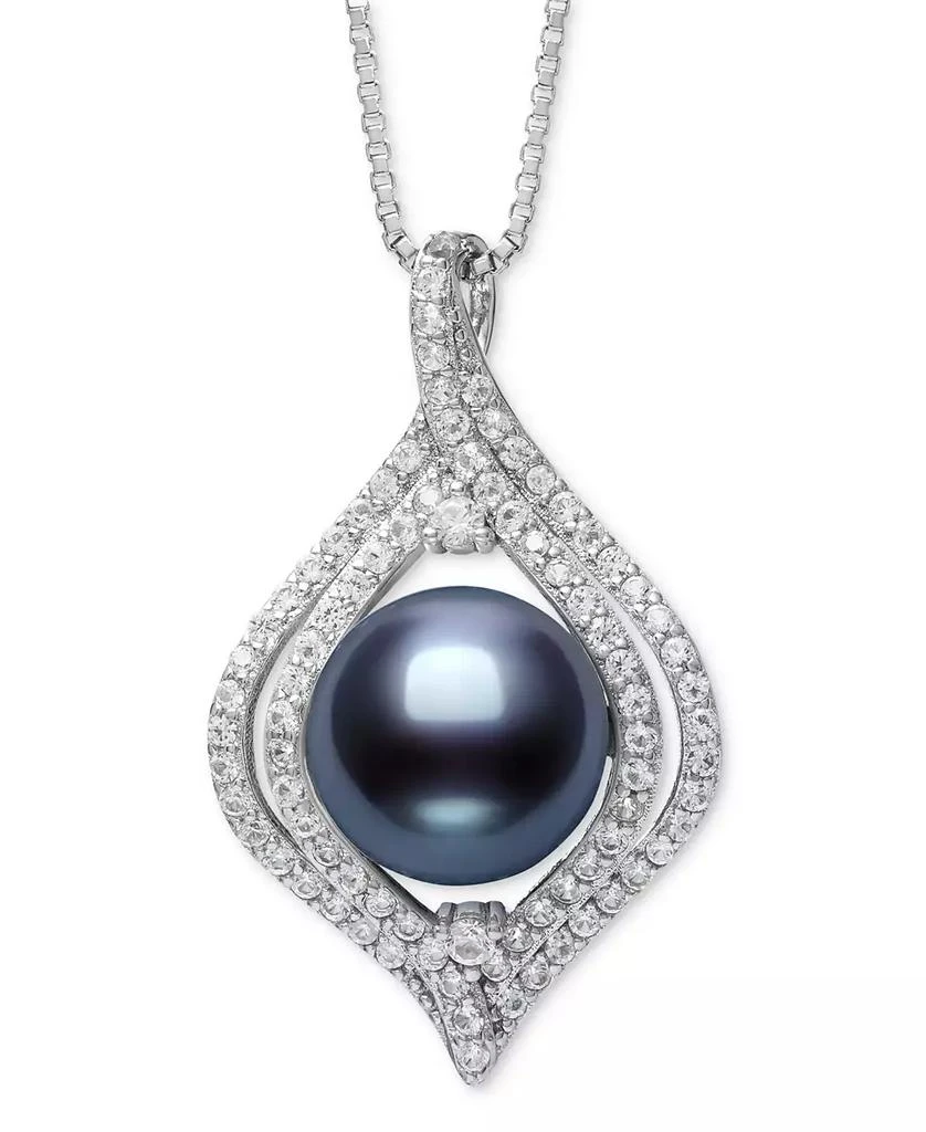 Belle de Mer Dyed Black Peacock Cultured Freshwater Pearl (9-10mm) & Lab Created White Sapphire (1 ct. t.w.) Pendant 18" Necklace in Sterling Silver 1