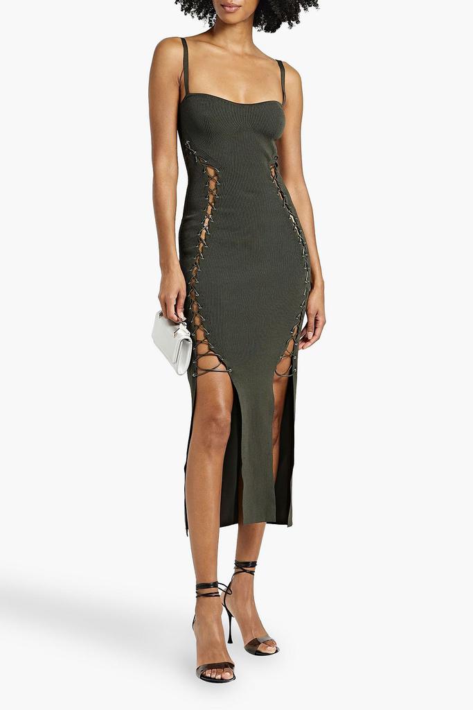 NICHOLAS Lace-up ribbed-knit midi dress