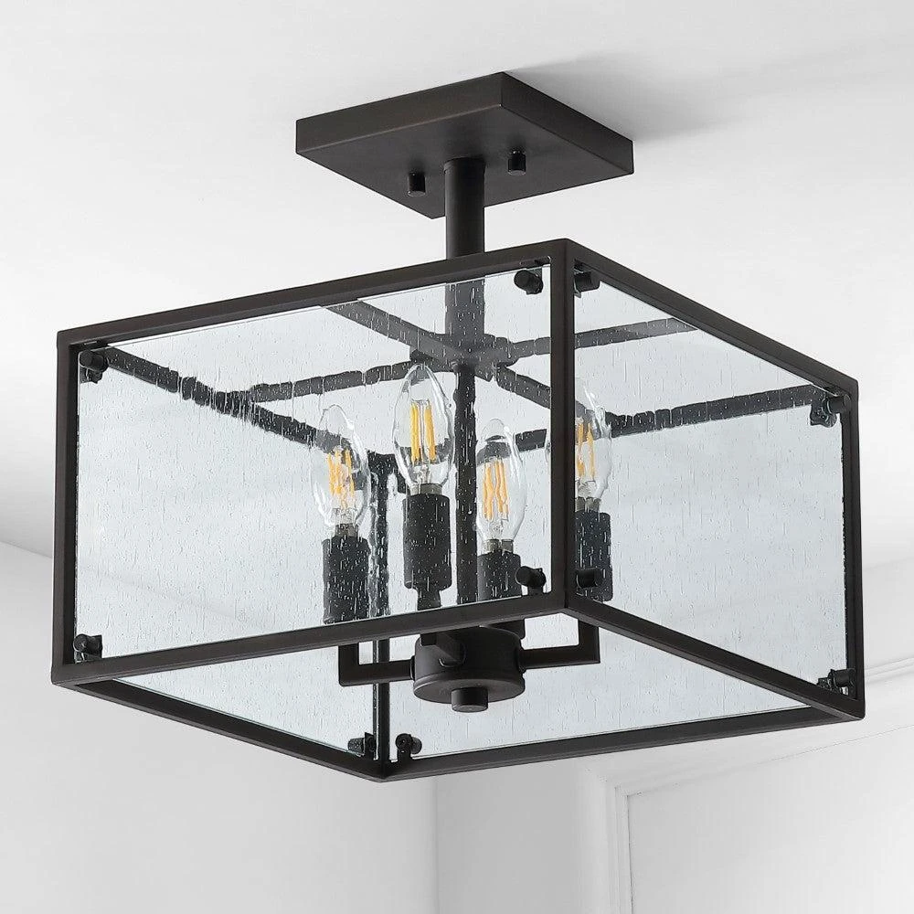 JONATHAN Y Paysan 13" 4-Light Iron/Seeded Glass Rustic Farmhouse LED Flush Mount 4