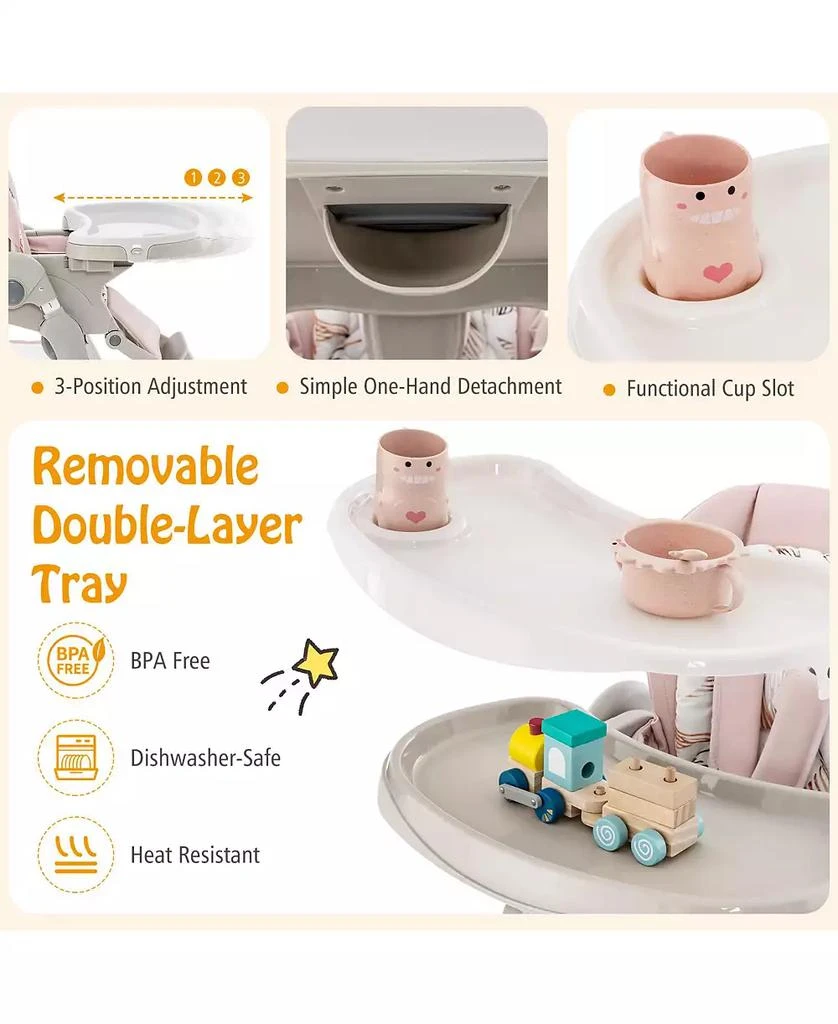 GOUUN Kids Multifunctional Folding High Chair with Rolling Wheels and Adjustable Height 6