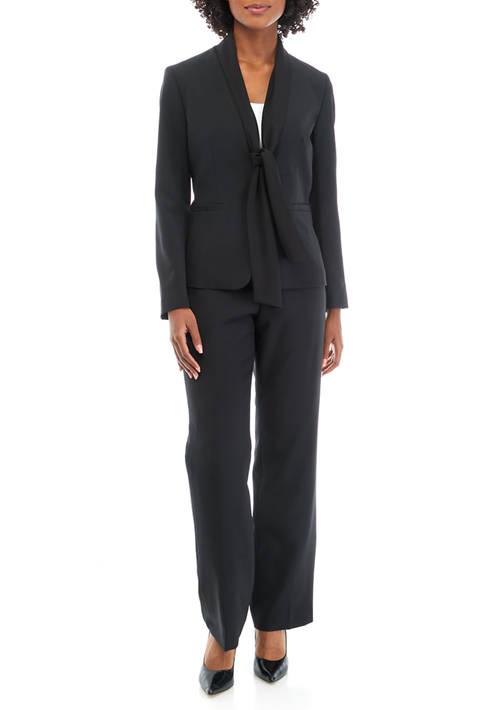 Le Suit Suit Womens Scarf Collared Jacket And Side Zip Pant Set