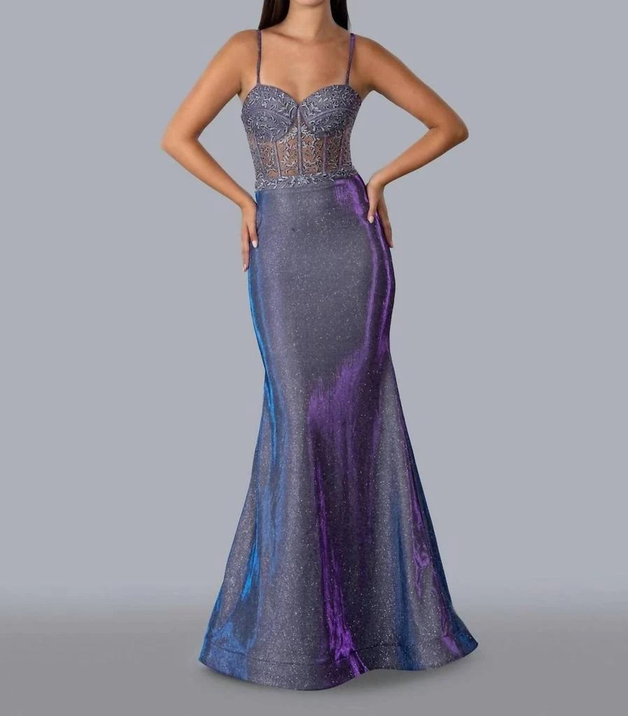 Stella Couture Metallic Glitter Evening Gown In Lilac