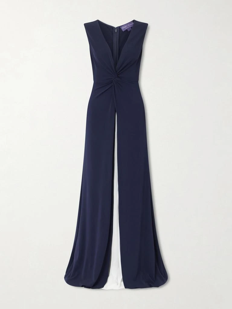 Ralph Lauren Knotted Pleated Chiffon And Stretch-jersey Gown - Navy - US4