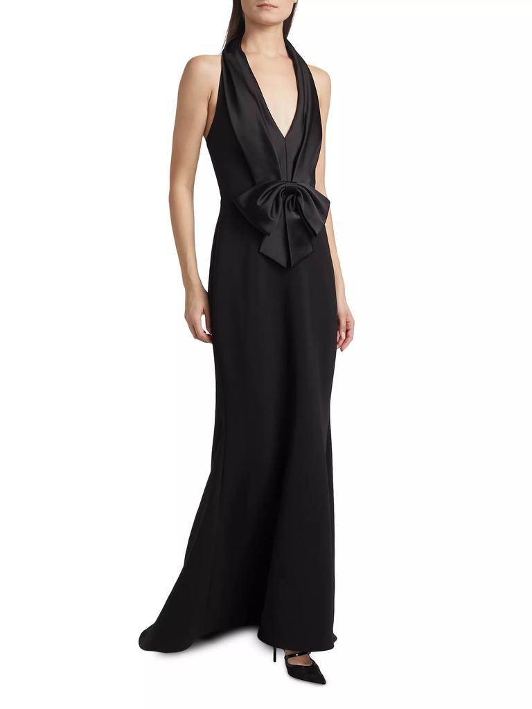 Badgley Mischka Bow Stretch-Crepe Halterneck Gown