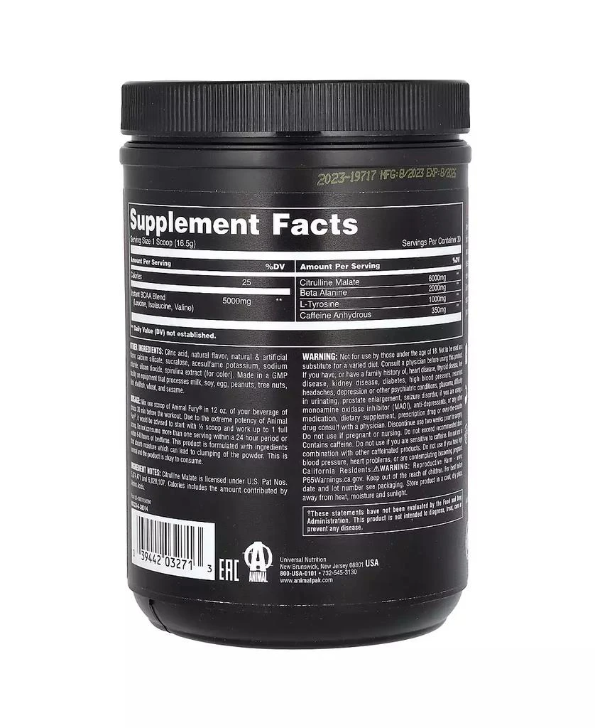 Animal Fury Essentials  Pre Workout  Blue Raspberry  -  1.09 lb (495 g) 2