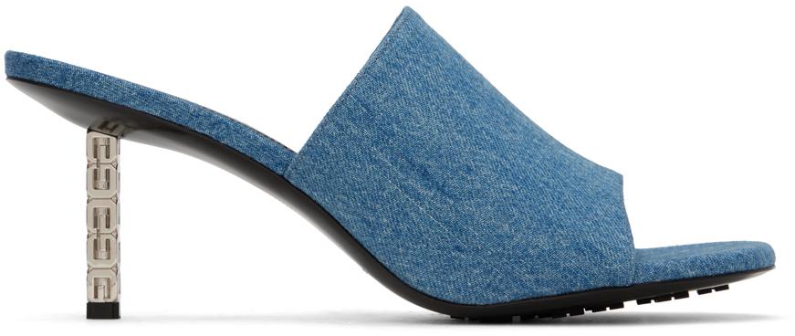 サンダル・ミュール GIVENCHY MEDIUM BLUE DENIM 4G CUBE MULE SANDALS NIB Givenchy 4G Cube Denim Blue Mules Sandals Kitten Heel 39