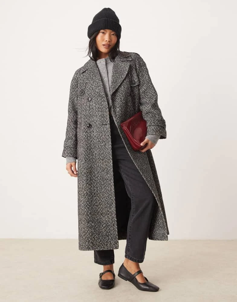 Miss Selfridge Miss Selfridge Petite herringbone belted trench coat in mono 1