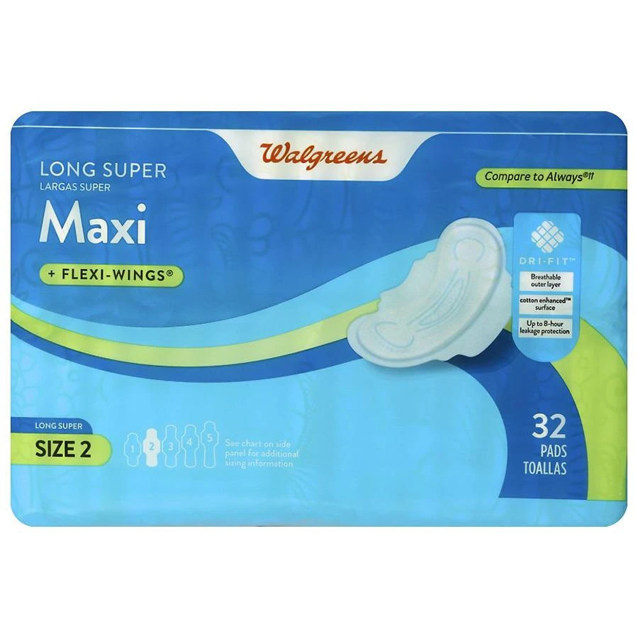 Walgreens Maxi Pads, Long Super, With Flexi-Wings Size 2 (ct. 32) 1