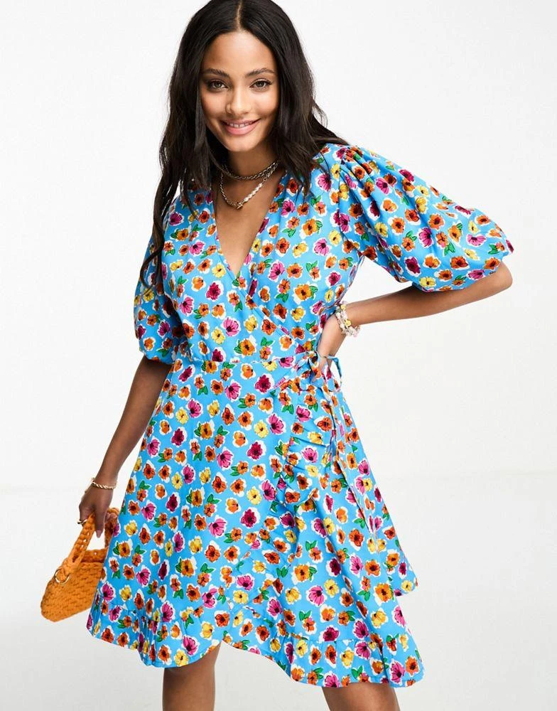 Influence Influence wrap front mini dress in blue floral print 2