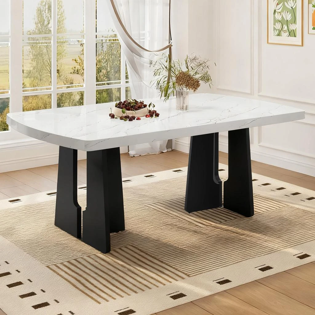 Streamdale Furniture Streamdale 63" Modern Faux Marble Dining Table - Black/White Top with Geometric Legs