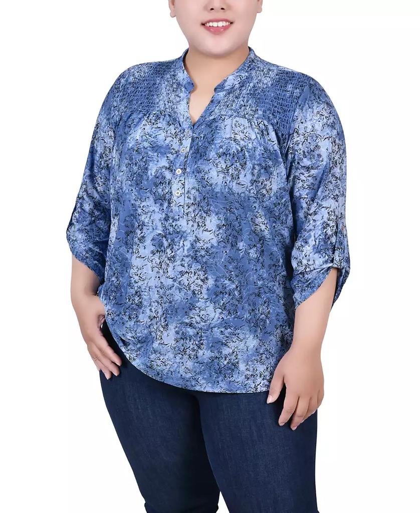 NY Collection Plus Size 3/4 Roll Tab Sleeve Smocked-Yoke Top