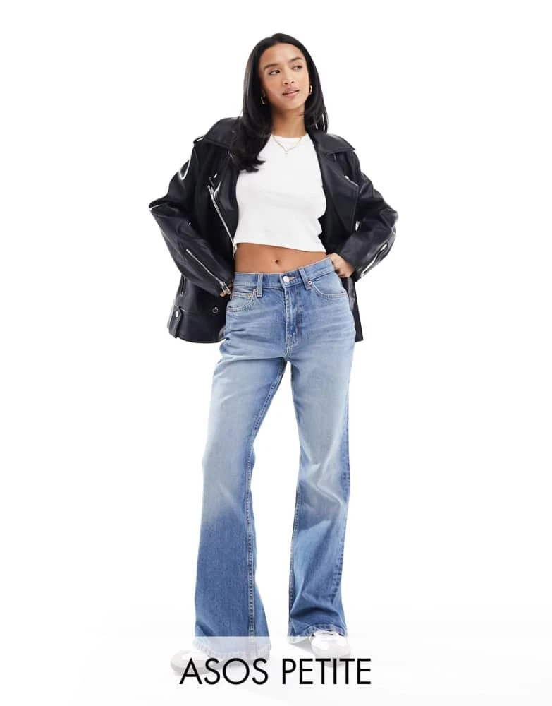 ASOS ASOS DESIGN Petite mid rise flare jeans in mid blue 1