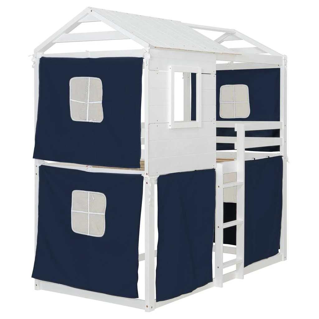 Streamdale Furniture Streamdale Twin Size Bunk Wood House Bed with Tent, Blue+White 3