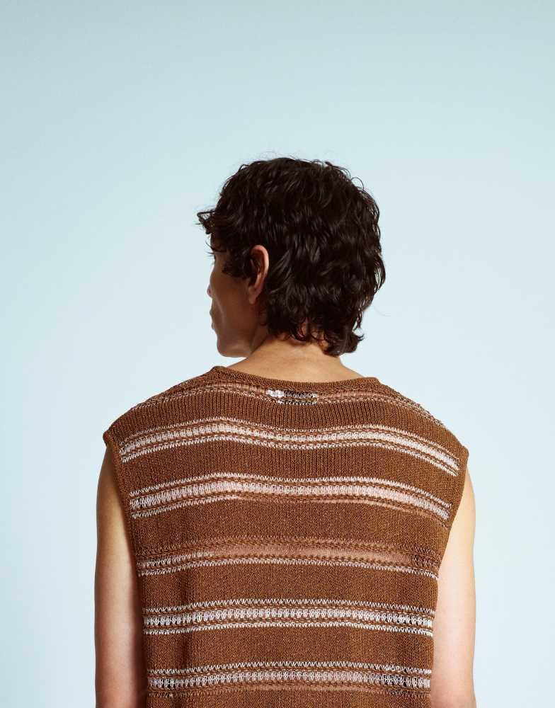 Topman Topman relaxed fit knitted crochet tank with metallic yarn in brown