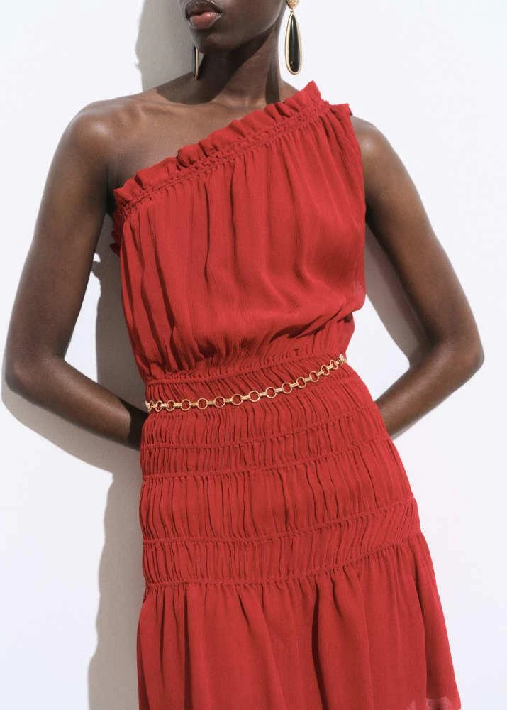 MANGO - Asymmetrical gathered dress with belt Wine - 8 - Woman