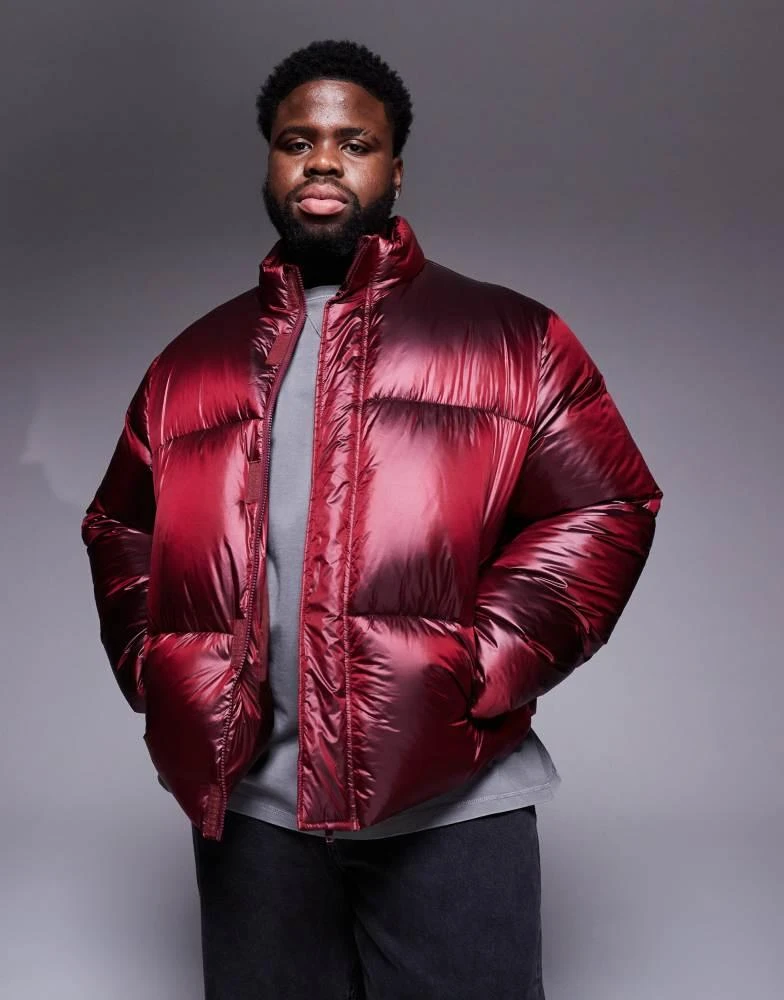 ASOS DESIGN oversized puffer jacket in metallic burgundy – On Sale