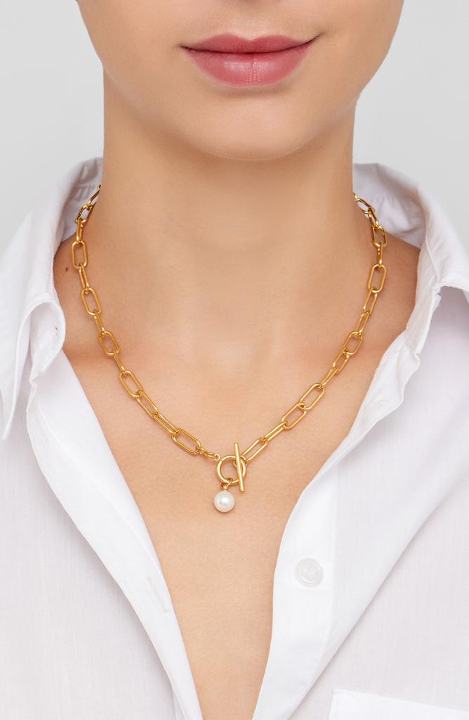 ADORNIA 18K Gold Plated 7–8mm Freshwater Pearl Paper Clip Toggle Necklace
