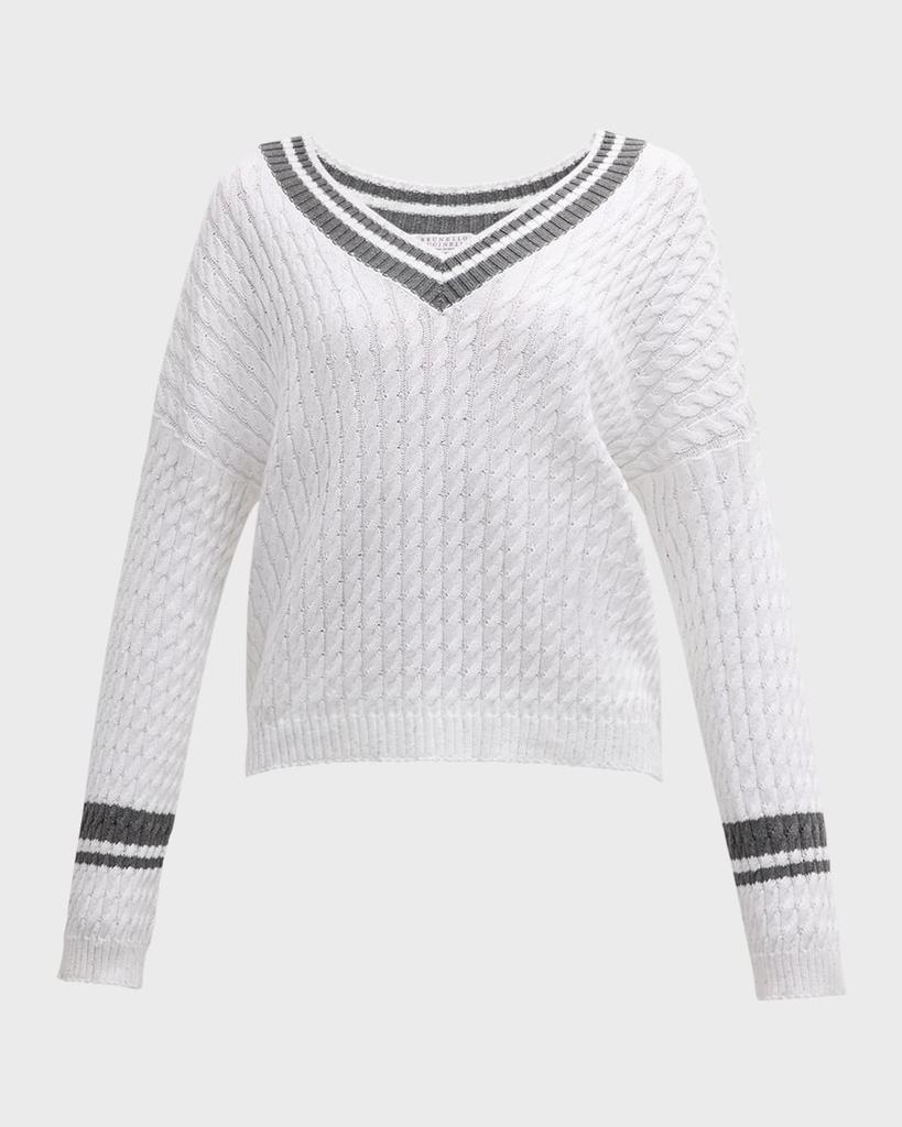 Brunello Cucinelli Tennis Stripe Diamante Cable-Knit Sweater