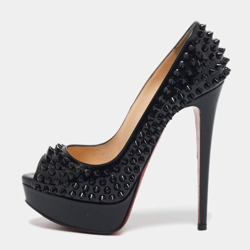 EU37.5 クリスチャン ルブタン ヒール Lady Peep 黒 258A CHRISTIAN LOUBOUTIN Lady Peep Patent Black Leather Pumps
