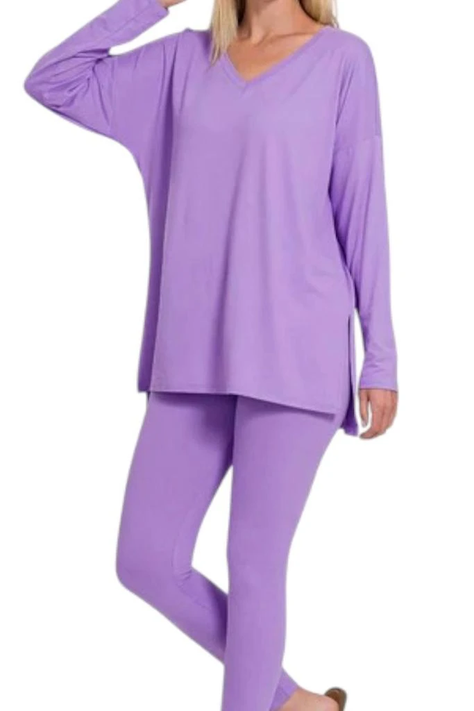ZENANA V Neck Lounge Sets In Lavender 2