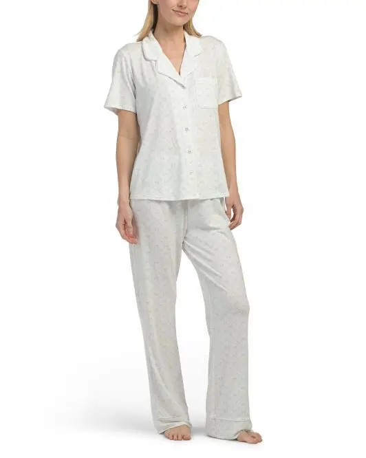 COMO SLEEP 2pc Modal Short Sleeve Bow Trellis Notch Collar Pajama Set