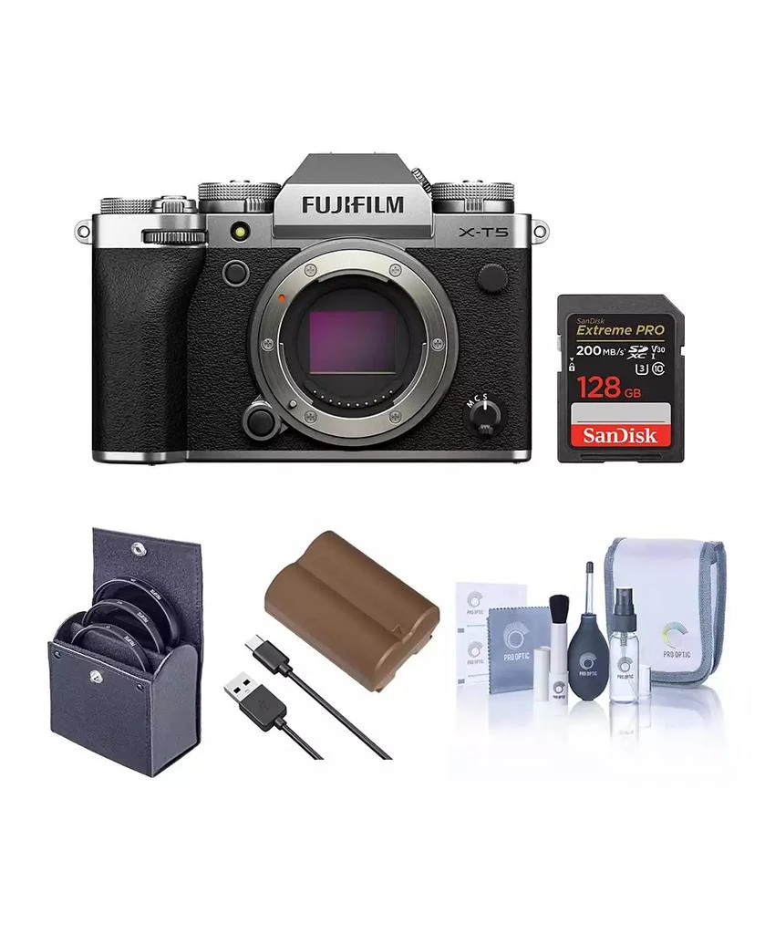 Fujifilm X-T5 Mirrorless Camera, Silver with XF 16-50mm f/2.8-4.8 R LM WR Lens, Bundle with 128GB Memory Card, NP-W235 Battery, Filter Kit, Cleaning