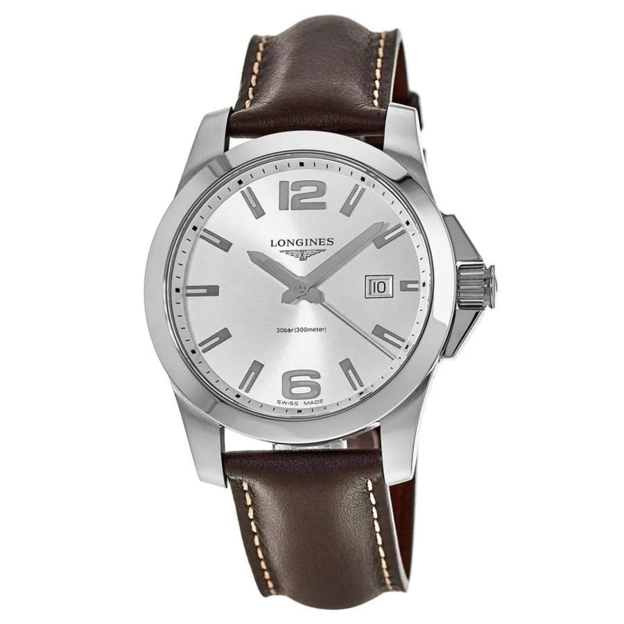 Longines Conquest Quartz Silver Dial Brown Leather Men's Watch L3.759.4.76.5 1