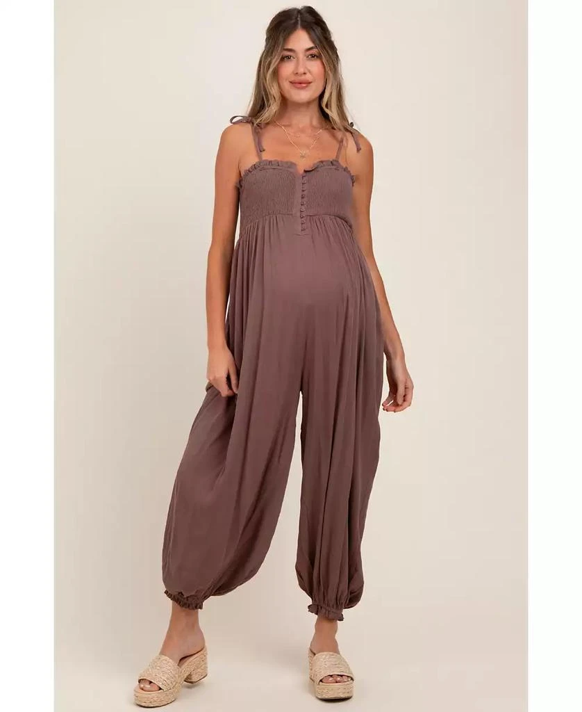 Pinkblush Maternity Mocha Smocked Button Front Shoulder Tie Jumpsuit 1