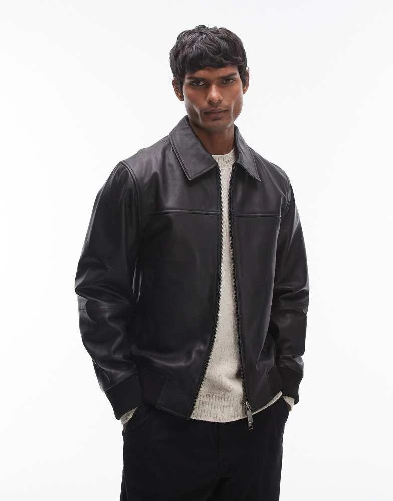 Selected Homme Selected Homme collar boxy leather jacket in black 1