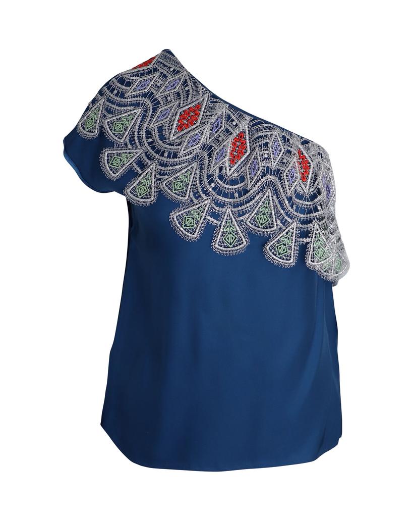 PETER PILOTTO One Shoulder Embroidered Top in Blue Viscose