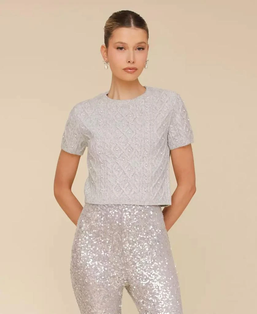 Avec Les Filles Women's Pearl Cable-Knit Cropped Sweater Tee 1