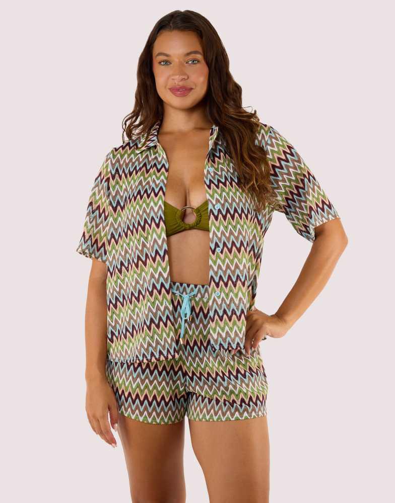 Wolf & Whistle Wolf & Whistle Kalahari zig zag crochet beach shirt in khaki