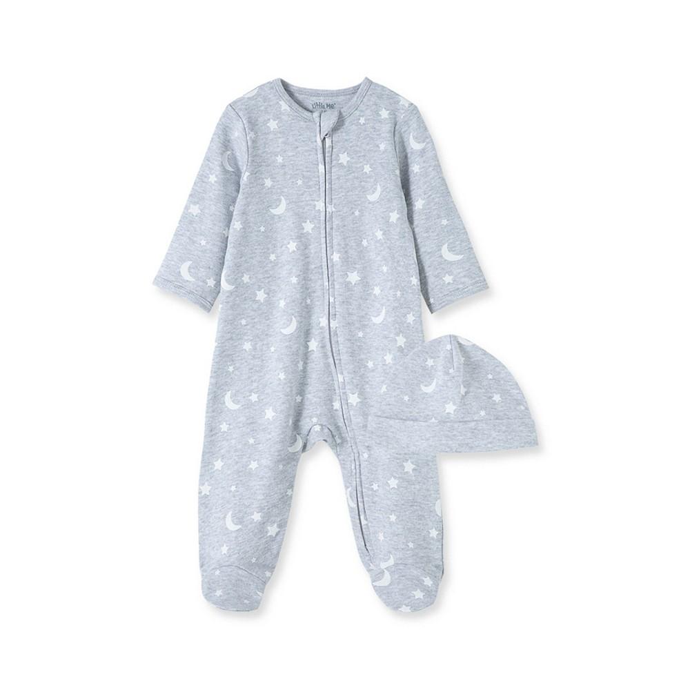 Little Me Baby Boys Moons and Stars Footed Coverall with Hat, 2 Piece Set