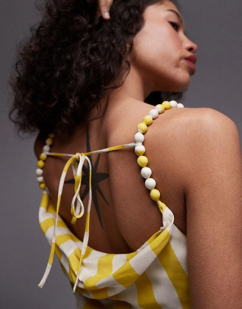 Topshop Topshop premium cami slip midi dress with beaded strap in yellow stripe print 3