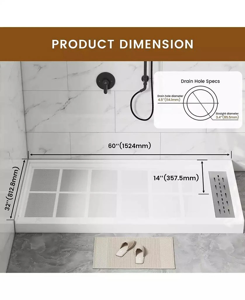 CASAINC 60"W X 32"D SMC Single Threshold Shower Base Anti-Slip Shower Pan, Drain Assembly 
Drain Cover Included 10